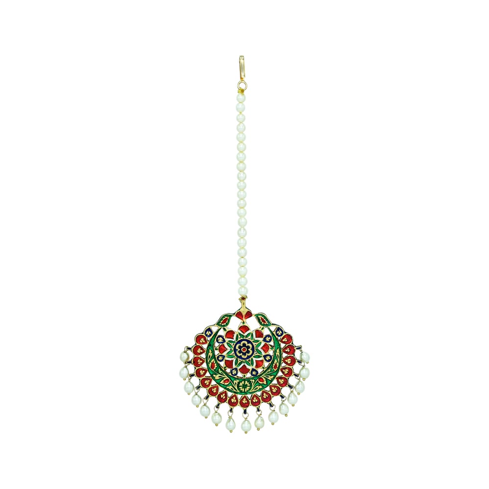 Emerald and Ruby Floral Polki Mangtikka with Pearl Drops